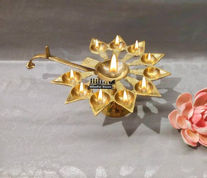 amishi blissful decor Dasmukhi Arti Diya,Aarti Standten Face Cutting Diya Deepak Brass Table Diya  (Height: 3 inch)