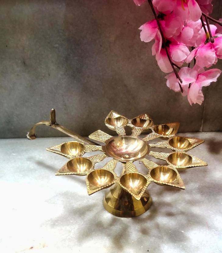 amishi blissful decor Dasmukhi Arti Diya,Aarti Standten Face Cutting Diya Deepak Brass Table Diya  (Height: 3 inch)