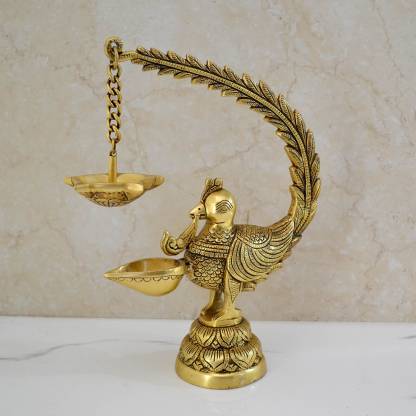 Brass Peacock Design Deepak Diya Oil Lamp for Pooja Decoration Brass Table Diya  (Height: 11.5 inch)