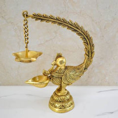 Brass Peacock Design Deepak Diya Oil Lamp for Pooja Decoration Brass Table Diya  (Height: 11.5 inch)
