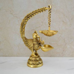Brass Peacock Design Deepak Diya Oil Lamp for Pooja Decoration Brass Table Diya  (Height: 11.5 inch)