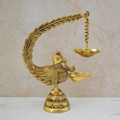 Brass Peacock Design Deepak Diya Oil Lamp for Pooja Decoration Brass Table Diya  (Height: 11.5 inch)