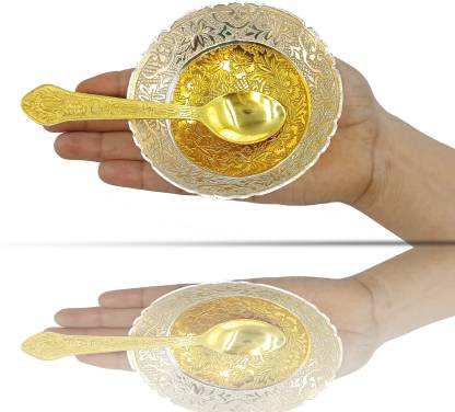 Four Single Bowl Silver Gold Round (Set of 4) Decorative Showpiece - 9 cm  (Metal, Gold)