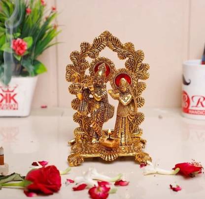 LABHCART Radha Krishna Idol ,Diya and Mehrab Frame Handmade for Home Puja Decor Article Decorative Showpiece - 12.5 cm  (Metal, Gold)