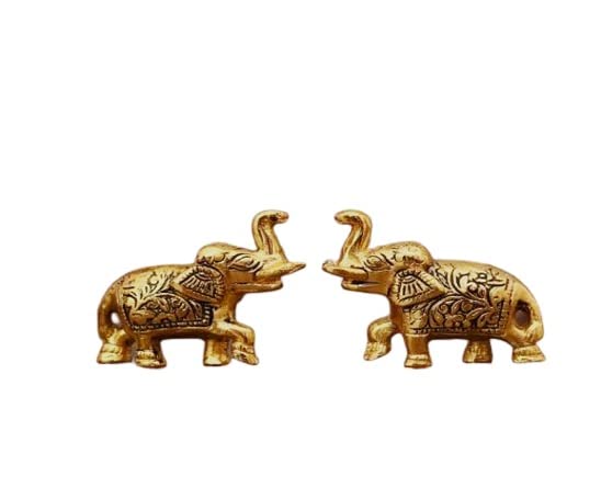 Panipat Bartan Bhandar Heavy Grade Aluminium Gold Metal Couple Hathi / Elephant Idol Showpiece Figurine, Set of 2 Pc