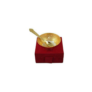 GoldGiftIdeas 3.5 Inch Gold-Silver Plated Flower Serving Bowl with Spoon, Brass Bowls for Gifts German Brass, House Warming Return Gift