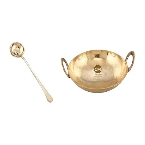 Copper-Master Heavy Weight Brass Kadhai for Cooking Food Export Quality and Pure Brass Ladle Cooking & Serving Spoon Heavy Weight 13 inch Premium Ladle (Golchi)