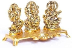 Fashion Bizz Lord Lakshmi Ganesha Saraswati Idol with Diya Decorative Showpiece (Metal, Gold)
