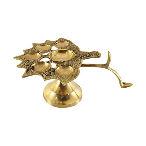 Indian Brass Oil lamp Stand with 6 Wicks - Traditional Brass Golden Diya with Multiple batti - Auspicious Diya lamp for Home arti – Praying Accessory