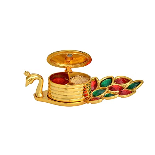 Beautiful Peacock Design Golden Finish Kumkum Roli Box for Pooja & Decorative Items for Home and Temple (Pack of 1