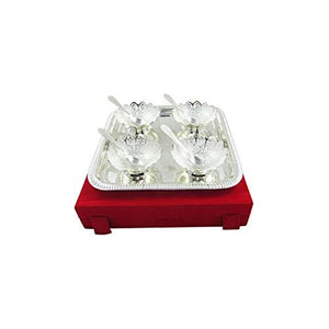 INTERNATIONAL GIFT® German Silver Brass Round Bowl Set with Tray and Spoon with Royal Royal Luxury Velvet Box Used for Dry Fruit, Sweets and Home Decor