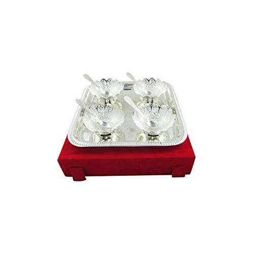 INTERNATIONAL GIFT® German Silver Brass Round Bowl Set with Tray and Spoon with Royal Royal Luxury Velvet Box Used for Dry Fruit, Sweets and Home Decor