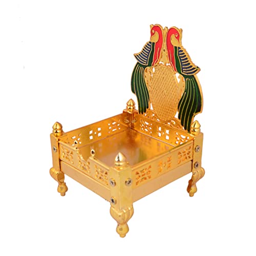 SHRISHA CREATION Metal Gold Plated ladoo Gopal Singhasan Pooja Chowki mandir for God Thakur Puja Idol Peacock Design Decoration Items (3.5x5)