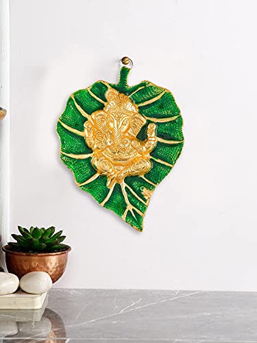 Daksh Handloom Metal Lord Ganesha in Gold And Green Leaf Wall Hanging (DAK-HCF-230), Multicolour