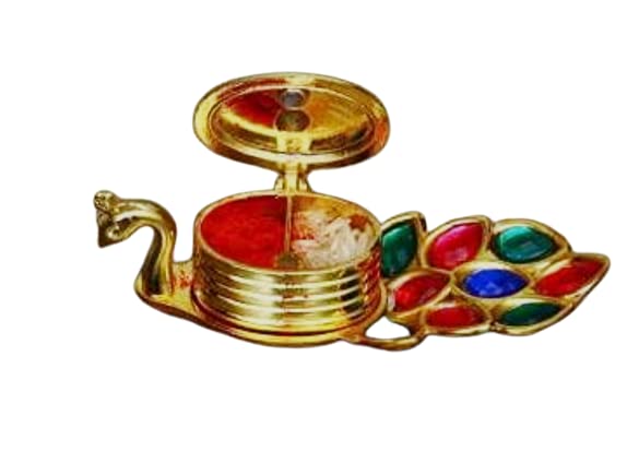 Panipat Bartan Bhandar Heavy Grade Aluminium Chandan Roli Kumkum Chawal Box Peacock Shape for Pooja, Silver, Set of 1 PC
