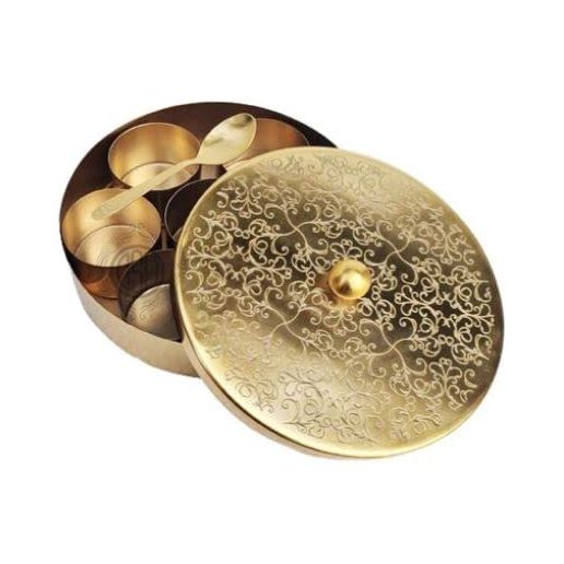 NATARAJ GALLERY Brass Spice Box Round Shape Multipurpose Stylish Masala Dani Dabba with 1 Spoon And 9 Containers For Kitchen