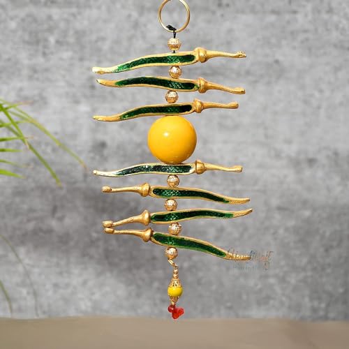 Great Art Metal Nimbu Mirchi Door Hanging Green Mirch Yellow Lemon for Outdoor-nazar battu for home entrance