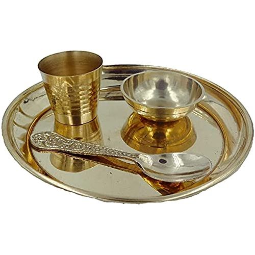 Shraddha Medium Puja/Bhog Thali Set 4 Pieces with Plate Dia 12 cm Glass Height 4 cm Chammach/Spoon and Katori 3 cm Dia
