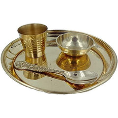 Shraddha Medium Puja/Bhog Thali Set 4 Pieces with Plate Dia 12 cm Glass Height 4 cm Chammach/Spoon and Katori 3 cm Dia