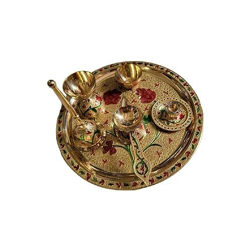 Shubh Sanket Vastu Brass Meena Work Puja Thali Complete Set for Daily Worship Aarti Thali for Home Mandir Puja Samagri for Home Mandir (Golden)