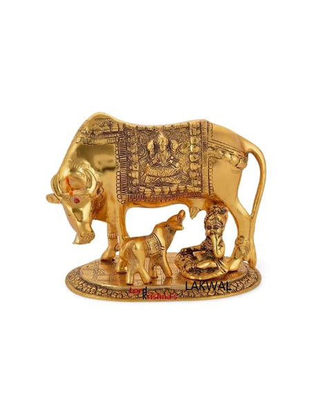 LAKWAL Cow Calf Idol Golden Metal Krishana Cow (Free Mini Ganesh)