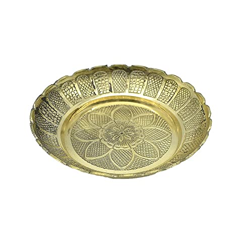 dalvkot Brass Pooja Thali Plate with Engraved Flower Design for Home Temple and Pooja Room