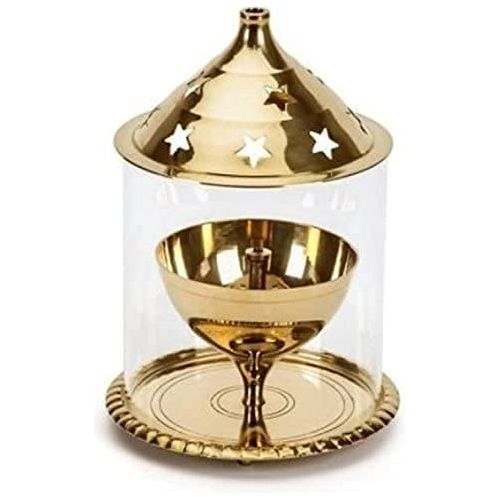 Brass Akhand Diya for Puja with icate Glass Cover - Home Pooja Decor Diya - 5 Inch (Medium)