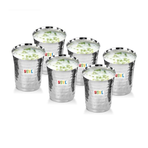 Nsvl Stainless Steel Hammered Finish Drinking Glasses for Home, Restaurants, Office Capacity 300ml - Set of 6 (Plain Hammered)