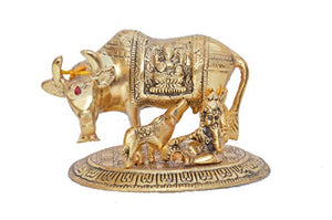 Prince Home Decor & Gifts Metal Kamdhenu Cow with Calf Statue for Good Luck Spiritual Showpiece Figurine Sculpture (Gold, Standard Size)
