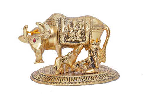 Prince Home Decor & Gifts Metal Kamdhenu Cow with Calf Statue for Good Luck Spiritual Showpiece Figurine Sculpture (Gold, Standard Size)
