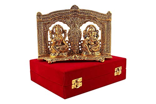 RKONECT Brass Laxmi Ganesh Statue | God Laxmi-Ganesh Idols | Showpiece | Gold Lakshmi Ganpati Murti with Beautiful Velvet Box | Size 9" x 2" x 6" Inch (Brass, Golden, Pack of 1 Pcs)
