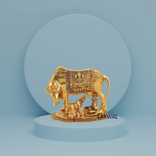 LAKWAL Cow Calf Idol Golden Metal Krishana Cow (Free Mini Ganesh)