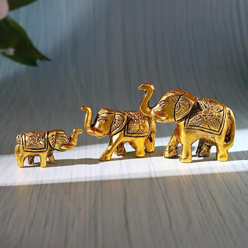 Brass Blessing 3 pcs Gold Plated Elephant Statue Figurine| FENG Shui Luck Vatu Gold Plated (958)
