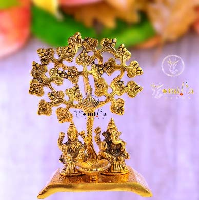 Vyomika Décor|Laxmi Ganesha with Hand Design Deepak Under Flat Baniyan Tree|Laxmi Ganesha|Laxmi Ganesha diya|Religious Murti Pooja Gift Item