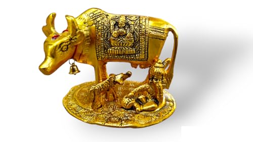 AVENEW Kamdhenu Cow & Calf Aluminium Metal Murti Gold Plated| Nandi Cow Decorative Showpiece - 14 cm (Iron, Gold)