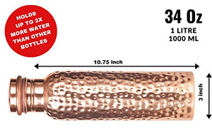 Pure Copper Bottle 1000 ML for Ayurveda Health Benefit & Healing - Solid Copper Hammered Bottle for Serving Storage Water, Capacity 1 LTR - Copper Bottle for Home, Office, Hotel & A Gift
