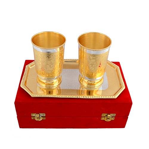 AC ANAND CRAFTS Silver and Gold Plated Brass Glass Set with Plate for Diwali Gift