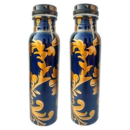 Golden Valley Pure Copper Water Bottle Blue Flower Design Printed Copper Water Bottle 1000 ML (Set of 2)