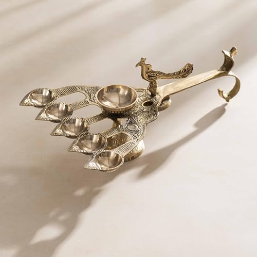 DARBAR CRAFT 100% Pure Brass Handcrafted Brass Panchaarti with Peacock Diya - Elegant Centerpiece for Festivals and Religious Celebrations