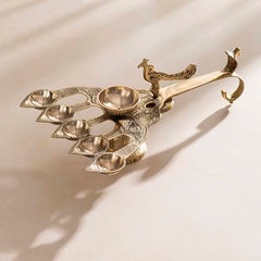 DARBAR CRAFT 100% Pure Brass Handcrafted Brass Panchaarti with Peacock Diya - Elegant Centerpiece for Festivals and Religious Celebrations