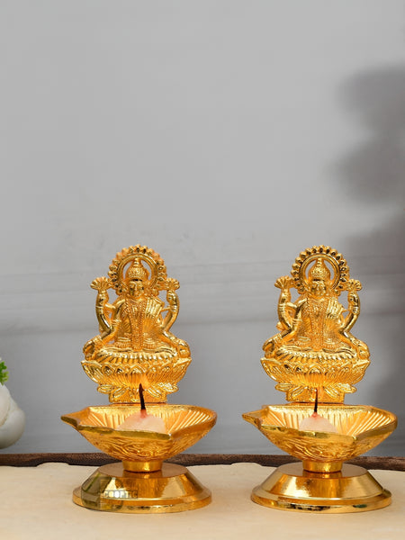 Gold-Toned Laxmi Diya Oil Lamp-Hand Craved Diya Candle