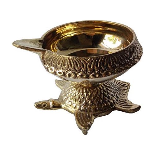 MOZO HUB Brass Golden Kuber Pooja Deep in Tortise stand 9 cm