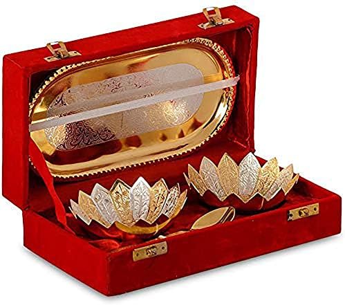 FUSION WORK DESIGN Silver-Golden Plated Bowl Set with Tray & 2 Spoons | Bowl Set of 2 Pieces for Dessert Dry Fruits Serving | Housewarming/Wedding Return Gifts