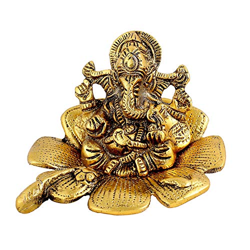 VRINDAVAN LADDU Gopal Traders Lord Ganesha on Beautiful Flower in Metal Antique Gold Plated