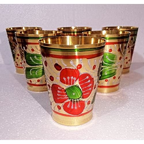 TC Pure Brass Embossed Finish Flower Design Glass Set (Set of 6) 250 ML