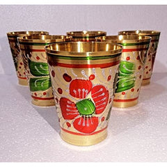 TC Pure Brass Embossed Finish Flower Design Glass Set (Set of 6) 250 ML