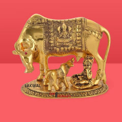 LAKWAL Cow Calf Idol Golden Metal Krishana Cow (Free Mini Ganesh)