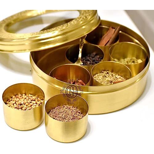 DSH Brass Spice Masala Box Dabba Transparent Fibre Lid With Spoon Multipurpose Uses For Kitchen.(MASALAbox-09-ACRYLIClid)