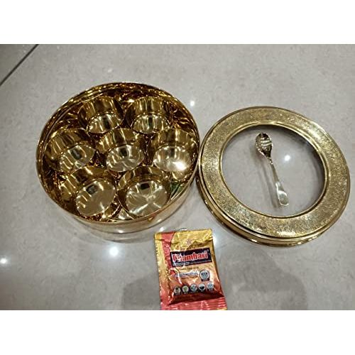 Parik Enterprises Handcrafted Brass Spice/Masala Box Dabba Plain | Golden Colour Spice Container with Lid 7 Compartments and 1 Spoon 9 Inch