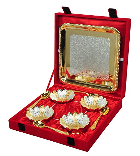 HHI German Silver Brass Floral Four Bowl with Four Spoon and with one/Single Tray with Beautiful Velvet Box Packing for Dry Fruit, Chocolate, Sweet, HomeDecor